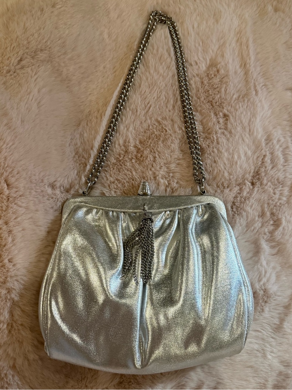 Vintage Silver Metallic Evening Bag Clutch with Chain Strap and Coin Purse RARE